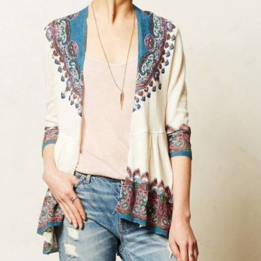 Anthropologie Knitted & Knotted Cleophee Linen Blend Cardigan Size Medium Boho